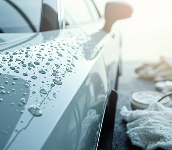 shiny car surface with water beads and cleaning products in bright natural light